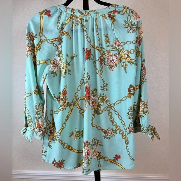 Fig & Flower Blouse Tie Sleeve Aqua Gold Anthropologie Cottagecore Spring Small - Picture 8 of 9